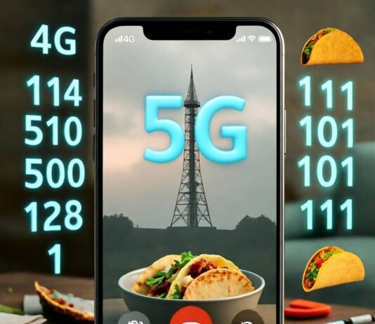 Why 5G Technology is the Game-Changer for the Future of Communication Smartphone on 4G call with 5G tower, floating binary tacos, half-eaten bowl.