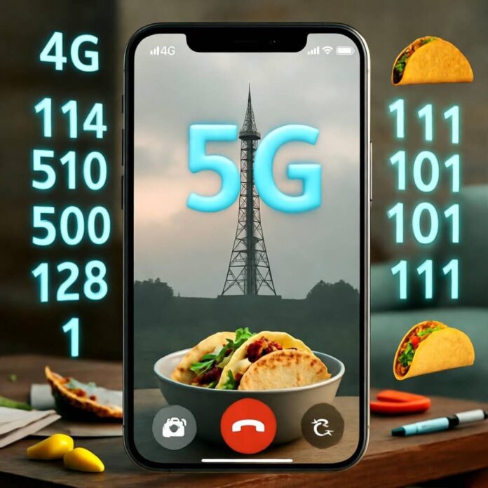 Smartphone on 4G call with 5G tower, floating binary tacos, half-eaten bowl.