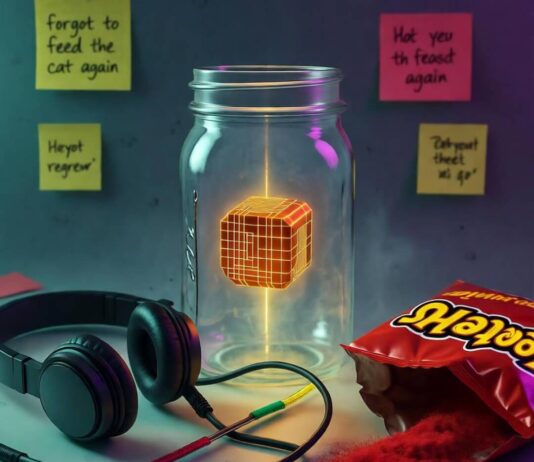 Quantum Computing: What You Need to Know in 2025 Glowing qubit in mason jar amid tangled headphones, Cheeto dust, floating regret notes.