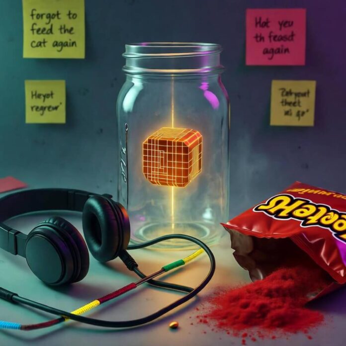 Glowing qubit in mason jar amid tangled headphones, Cheeto dust, floating regret notes.