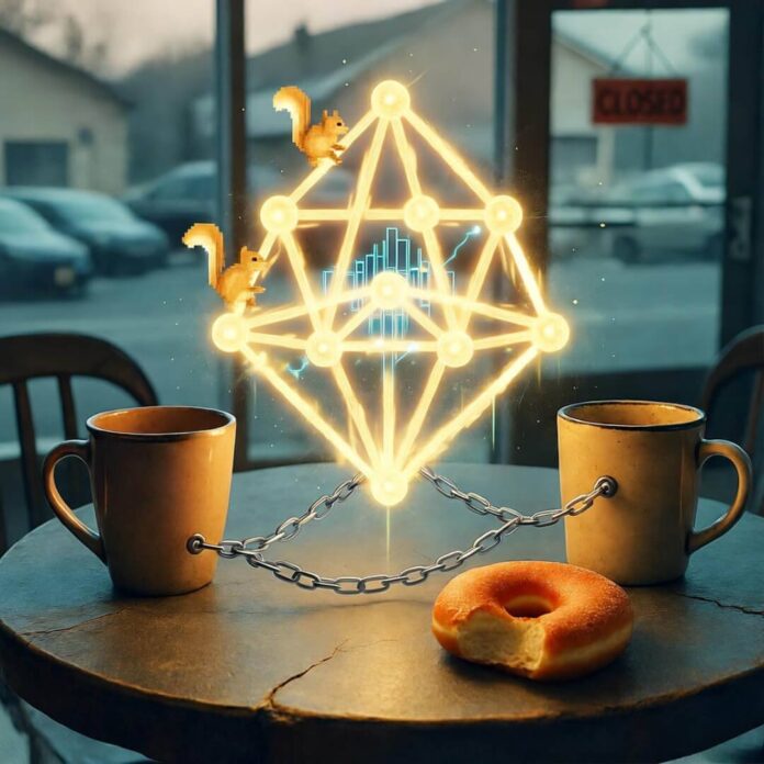 Glowing blockchain hovers over chained mugs and half-eaten donut, pixelated squirrels scamper.