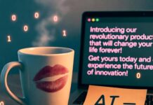 Is AI the Secret Weapon Every Business Needs for Marketing Success? Half-empty coffee mug with lipstick mark beside laptop showing, sticky note reads "AI = magic?"