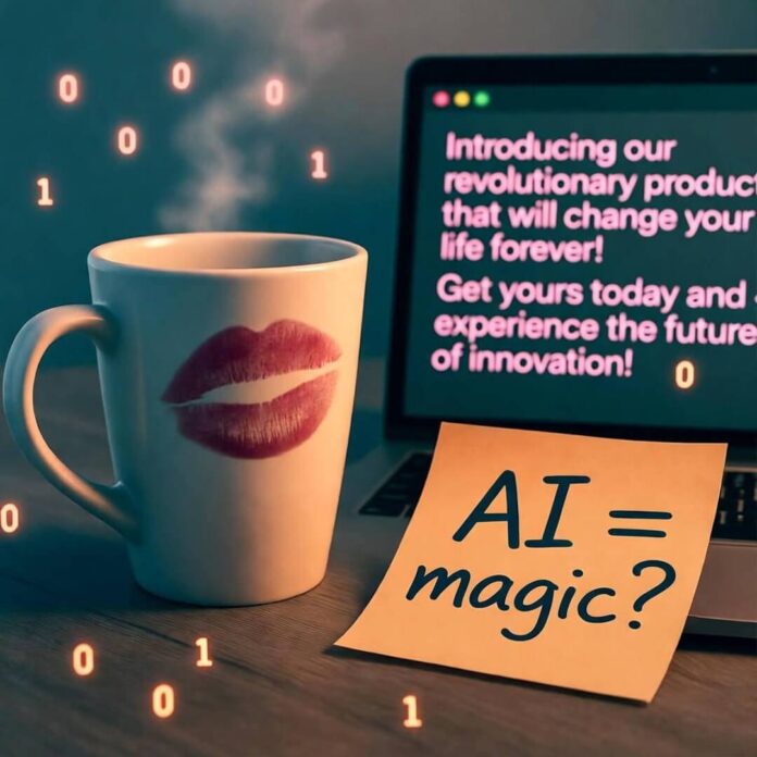 Half-empty coffee mug with lipstick mark beside laptop showing, sticky note reads "AI = magic?"