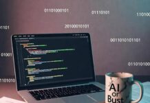 How to Build Your First AI Project: A Beginner’s Guide? Messy desk with laptop showing broken code, chipped "AI or Bust" mug, doodled notebook, glowing binary.