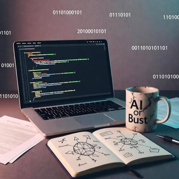 Messy desk with laptop showing broken code, chipped "AI or Bust" mug, doodled notebook, glowing binary.