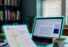 AI Research Papers You Need to Read in 2025 Messy desk with AI papers, glowing laptop, chipped mug, neon-blue sci-fi vibe.