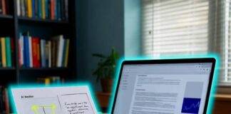 AI Research Papers You Need to Read in 2025 Messy desk with AI papers, glowing laptop, chipped mug, neon-blue sci-fi vibe.