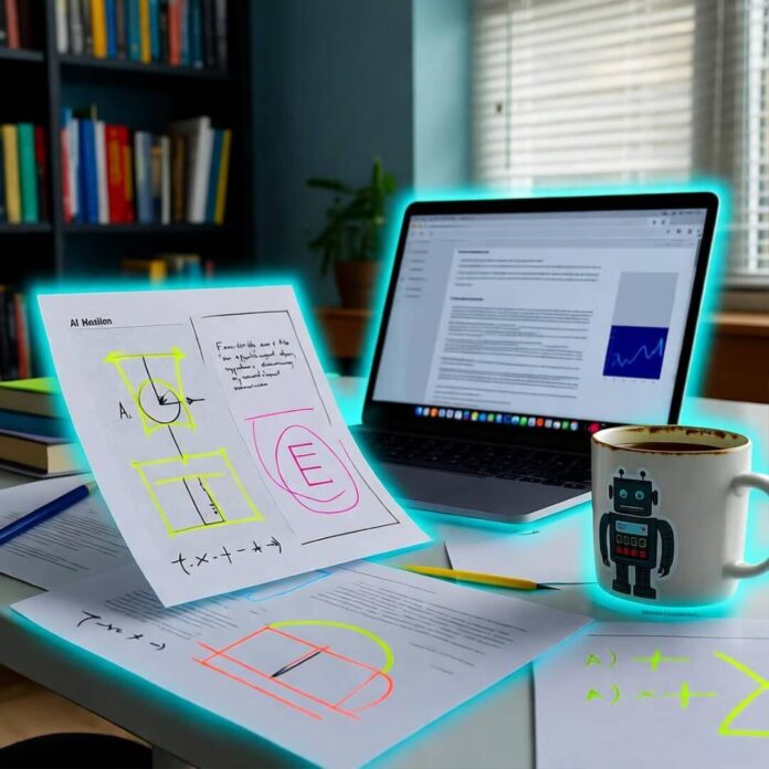 Messy desk with AI papers, glowing laptop, chipped mug, neon-blue sci-fi vibe.