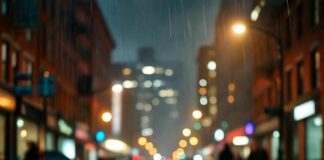 Wearable Tech News: The Most Exciting Innovations for 2025 Rainy Brooklyn street at night, glowing tech haze, half-thrilled, half-wary vibe.