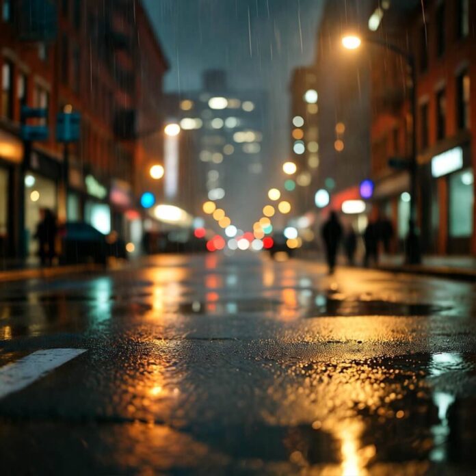 Rainy Brooklyn street at night, glowing tech haze, half-thrilled, half-wary vibe.