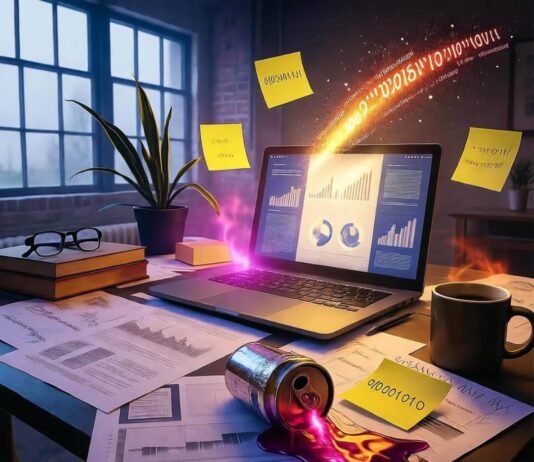 Breaking Down the Biggest Startups Making Waves in Tech Today Chaotic Philly loft desk with glowing laptop, spilled neon drink, binary Post-its.