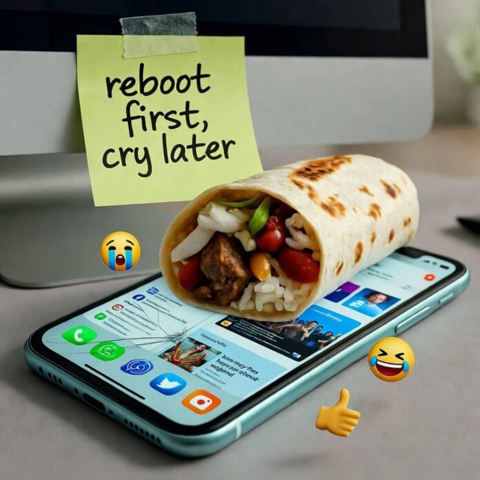 Cracked phone under half-eaten burrito with "reboot first, cry later" note and laughing emojis.