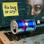 Web Developer Jobs in 2025: Your Guide to Breaking into the Industry Red Bull can on stained laptop with "fix bug or cry?" note and pixel ghost.