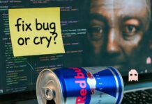Web Developer Jobs in 2025: Your Guide to Breaking into the Industry Red Bull can on stained laptop with "fix bug or cry?" note and pixel ghost.