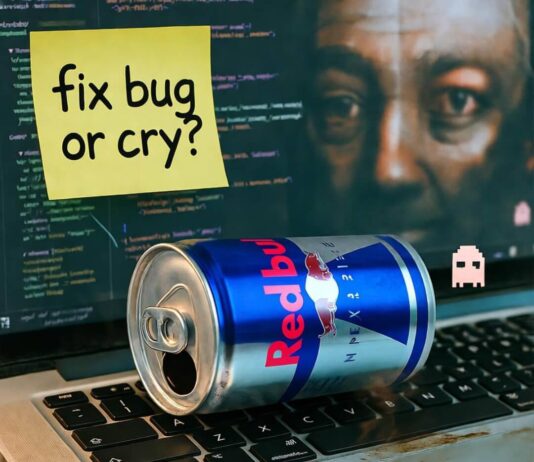 Web Developer Jobs in 2025: Your Guide to Breaking into the Industry Red Bull can on stained laptop with "fix bug or cry?" note and pixel ghost.