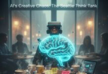 Join the AI Revolution: Top Communities to Connect with Experts Holographic brain over coffee shop table with VR user, pixel robots, and neon accents.