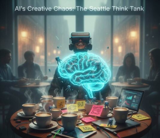 Join the AI Revolution: Top Communities to Connect with Experts Holographic brain over coffee shop table with VR user, pixel robots, and neon accents.