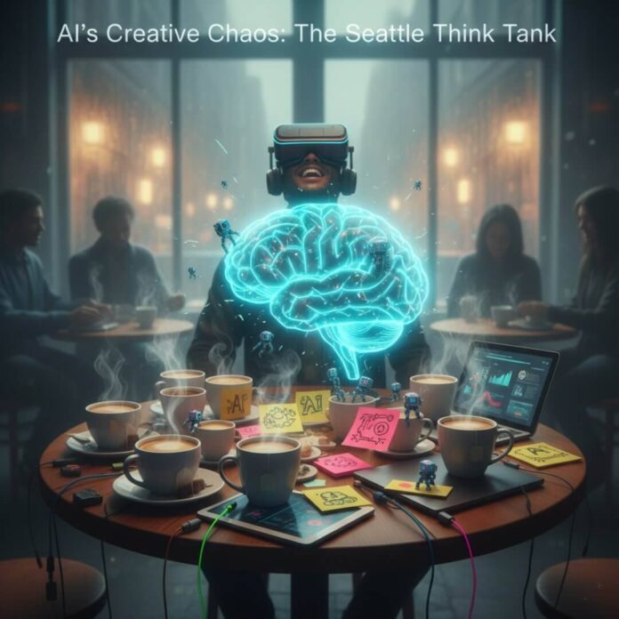 Holographic brain over coffee shop table with VR user, pixel robots, and neon accents.