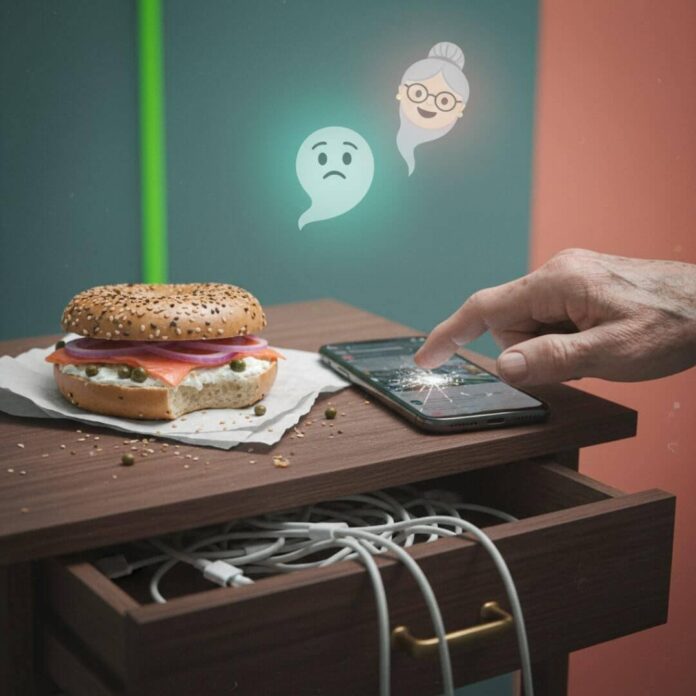 Old hand fumbles phone, bagel, and tangled cables.