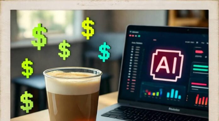 Discover the Best AI Tools for Small Businesses in 2025 Cluttered coffee table with spilled latte, AI laptop, receipt, floating dollar confetti.