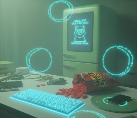 Maximize Your Tech Setup: Essential Tips for 2025 Holographic keyboard on cluttered desk with Cheetos and meme fridge.