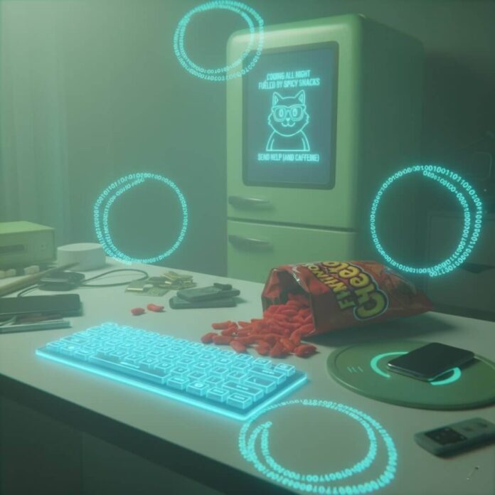 Holographic keyboard on cluttered desk with Cheetos and meme fridge.