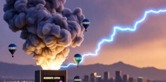 How Cloud Computing is Revolutionizing Business Operations Glowing server tower, coffee-stained notebook, hazy Denver skyline at dusk, binary balloons.