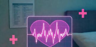 AI in Healthcare: How It’s Saving Lives and Revolutionizing the Industry Glowing holographic heart monitor above cluttered nightstand with takeout and pills.