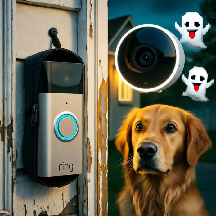 Dangling Ring doorbell, confused dog staring at Nest cam, ghost emojis floating.