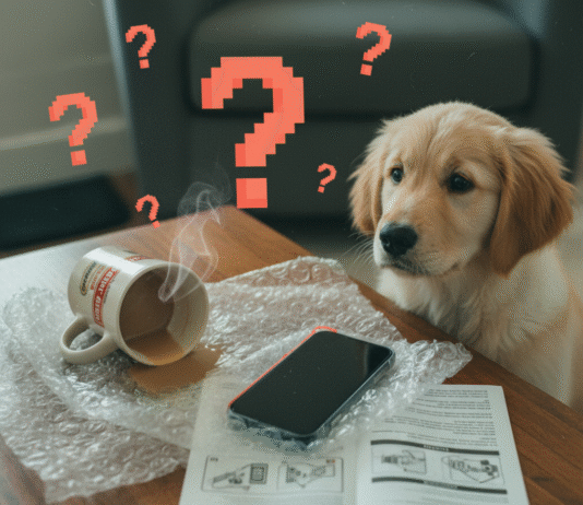 Tech for Beginners: A Guide to Getting Started with New Devices Puppy, phone, spilled coffee, and question marks on a table.
