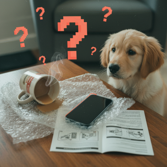 Puppy, phone, spilled coffee, and question marks on a table.