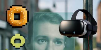 Virtual Reality vs. Augmented Reality: What’s the Difference in 2025? Glitched AR overlay on Brooklyn coffee counter, VR headset dangling, pixelated bagels, Pokémon photobomb.