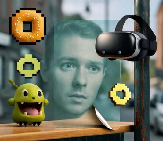 Virtual Reality vs. Augmented Reality: What’s the Difference in 2025? Glitched AR overlay on Brooklyn coffee counter, VR headset dangling, pixelated bagels, Pokémon photobomb.