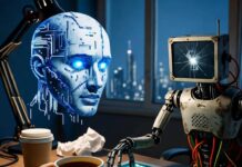The Top Tech Trends You Can’t Ignore in 2025 Cyberpunk scene: holographic AI, glitchy robot spills coffee on circuits.