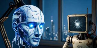 The Top Tech Trends You Can’t Ignore in 2025 Cyberpunk scene: holographic AI, glitchy robot spills coffee on circuits.