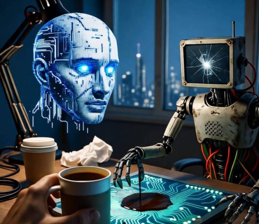 The Top Tech Trends You Can’t Ignore in 2025 Cyberpunk scene: holographic AI, glitchy robot spills coffee on circuits.