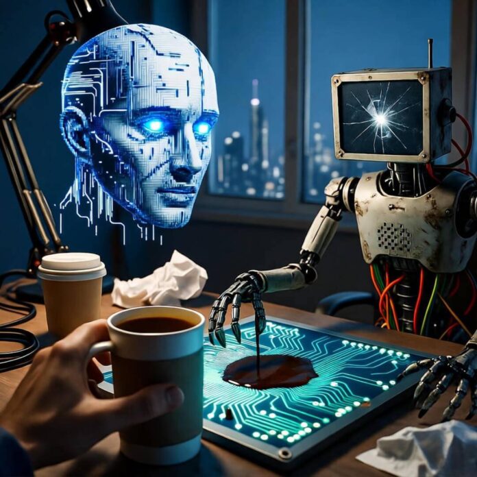 Cyberpunk scene: holographic AI, glitchy robot spills coffee on circuits.