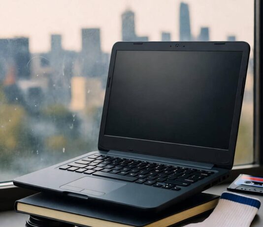 Best Budget Laptops in 2025: Top Picks for Affordable Performance Blurred laptop on coffee cups and notebook, city skyline, sock, cassette sticker.
