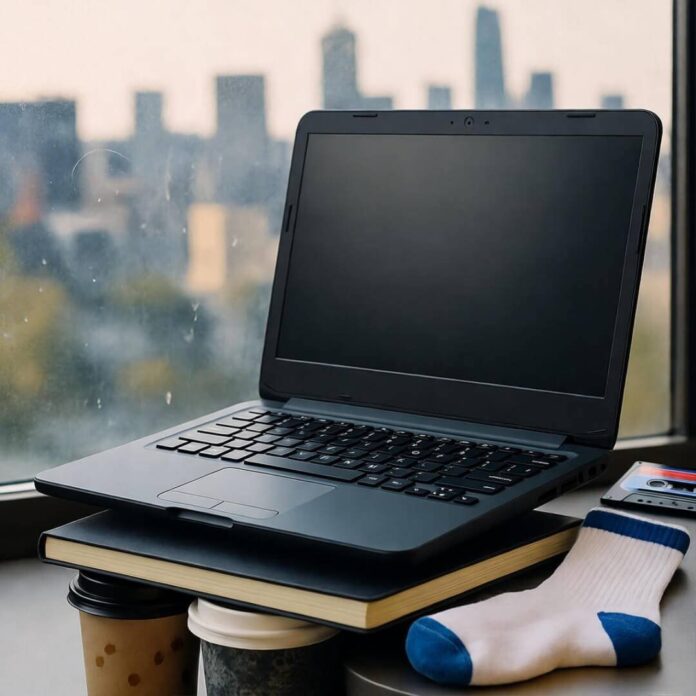 Blurred laptop on coffee cups and notebook, city skyline, sock, cassette sticker.